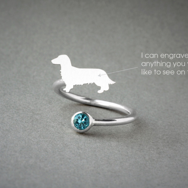 Handcrafted Dachshund Birthstone Ring - Adjustable Dog Jewellery for Pet Lovers