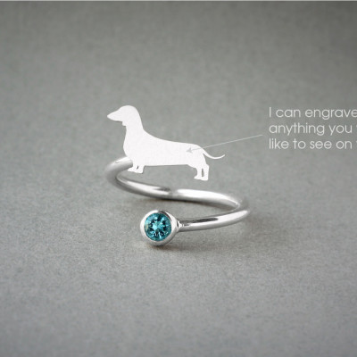 Doxie Shorthaired Birthstone Ring - Adjustable Spiral Dog Ring for Dachshunds