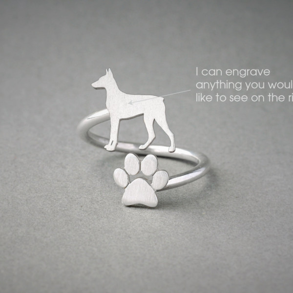 Silver, Gold, or Rose Plated Dog Ring: Adjustable Spiral DOBERMAN and PAW Design
