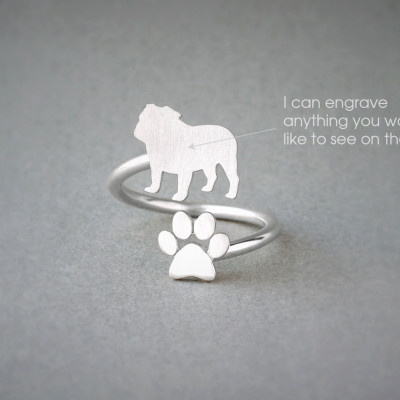 Stylish Dog Paw Ring - Available in Silver, Gold, or Rose Plating - Adjustable English Bulldog Ring
