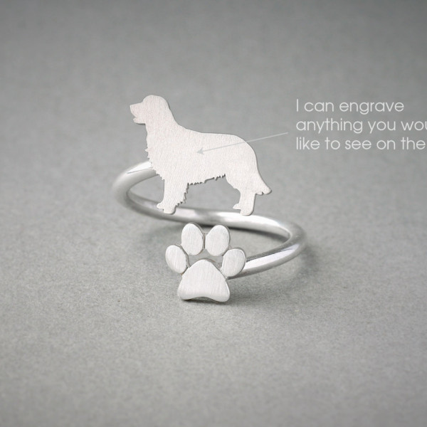 Adorable Golden Retriever and Paw Ring - Adjustable, Silver, Gold or Rose Plated