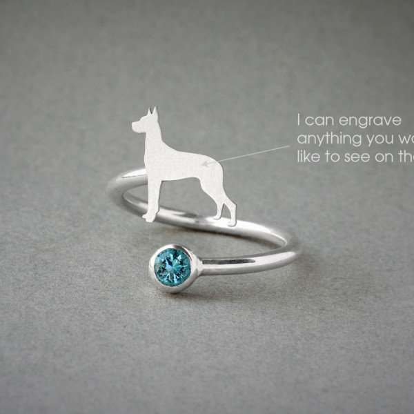 Customisable Spiral Great Dane Birthstone Jewellery / Birthstone Ring Showcasing a Great Dane / Personalised Dog Breed Ring