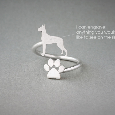Adjustable Spiral GREAT DANE and PAW Ring / Great Dane Ring / Paw Ring /Dog Ring / Silver, Gold Plated or Rose Plated.