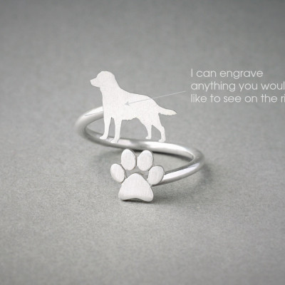 Cute Dog Paw and Labrador Ring - Sterling Silver, Gold Plated or Rose Plated
