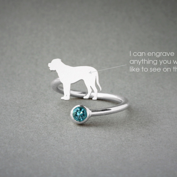 English Mastiff Birthstone Adjustable Ring - Dog Lover Jewellery Gift
