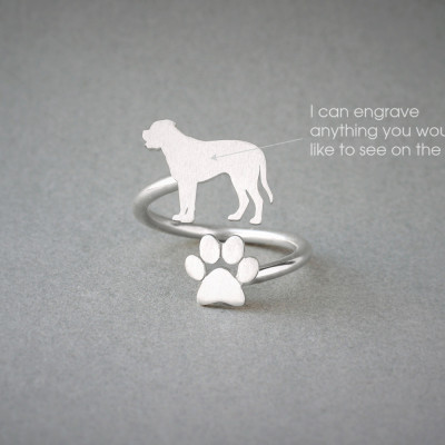 Adjustable Spiral MASTIFF and PAW Ring / English Mastiff  Ring / Paw Ring /Dog Ring / Silver, Gold Plated or Rose Plated.