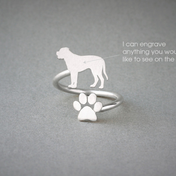 Dog Ring - Adjustable Spiral MASTIFF and PAW - Silver, Gold, or Rose Plated