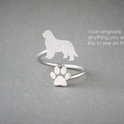 NEWFOUNDLAND DOG PAW Ring - Adjustable Spiral - Silver, Gold, or Rose Plated - Dog Ring