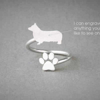 Adjustable Spiral PEMBROKE WELSH CORGI  and Paw Ring / Pembroke Welsh Corgi Ring / Paw Ring /Dog Ring / Silver, Gold Plated or Rose Plated.