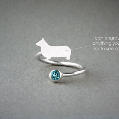 Personalised Corgi Birthstone Ring - Adjustable Dog Ring - Unique Gift Idea!