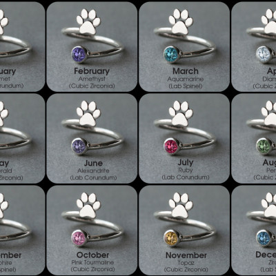 Pitbull Birthstone Ring - Adjustable Spiral Ring in Silver, Gold or Rose Plated - Dog Jewellery