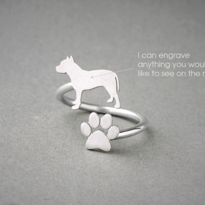Adjustable Spiral PITBULL and PAW Ring / PitBull Ring / Paw Ring /Dog Ring / Silver, Gold Plated or Rose Plated.