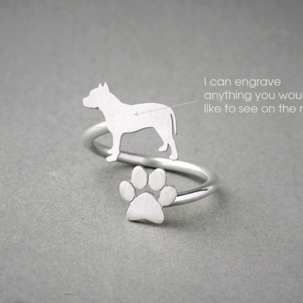 Personalised PITBULL and PAW Dog Ring in Silver, Gold, or Rose Plated