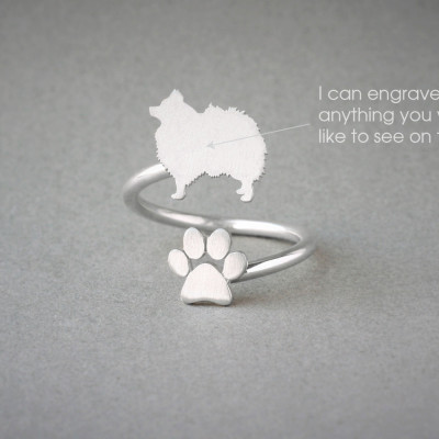 Adjustable Spiral POMERANIAN and PAW Ring / Pomeranian Ring / Paw Ring /Dog Ring / Silver, Gold Plated or Rose Plated.