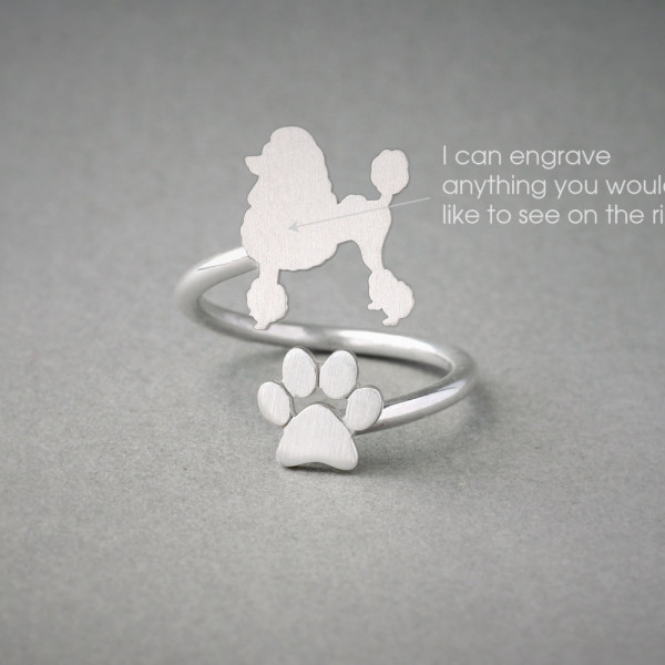 Poodle & Paw Ring - Silver, Gold or Rose Plated - Adjustable Spiral