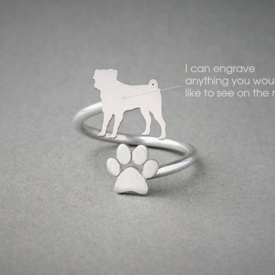 Silver, Gold and Rose Plated Dog PUG and PAW Adjustable Spiral Rings