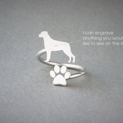 Silver, Gold or Rose Plated Adjustable ROTTWEILER & PAW Ring - Dog Jewellery