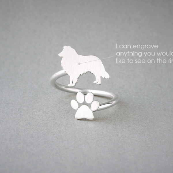 Dog Ring: SHETLAND SHEEPDOG Paw Design, Silver, Gold Plated, or Rose Plated