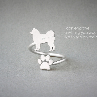 Adjustable Spiral SIBERIAN HUSKY and PAW Ring / Husky  Ring / Paw Ring /Dog Ring / Silver, Gold Plated or Rose Plated.
