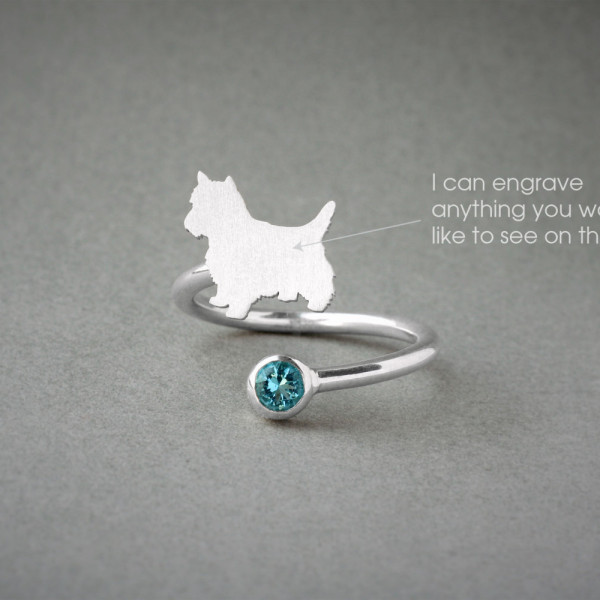 Yorkie Birthstone Ring - Adjustable Spiral Ring with Dog Breed Design