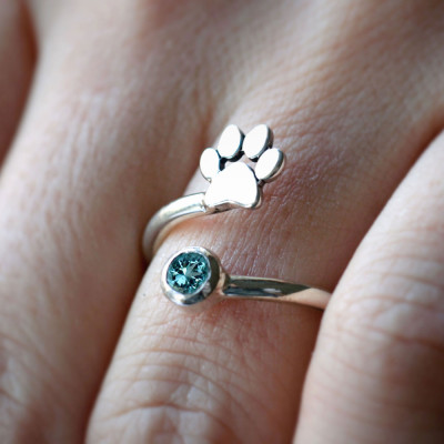 Adjustable Birthstone Paw Ring in Silver, Gold or Rose Plated with a Spiral Zircon Accent
