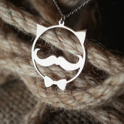 Circle Cat Charm Necklace / Mustache Cat Necklace /  Silver, Gold Plated or Rose Plated.