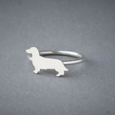 DACHSHUND RING / Doxie Longhaired Ring / Silver Dog Ring / Dog Breed Ring / Silver, Gold Plated or Rose Plated.