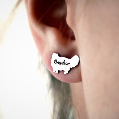 Personalised Cat Name Earrings - Long Haired Cat Designs - Customised Studs & Drops