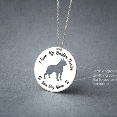 Personalised DISK BOSTON TERRIER Necklace / Circle dog breed Necklace / Boston Terrier Dog Necklace / Silver, Gold Plated or Rose Plated.