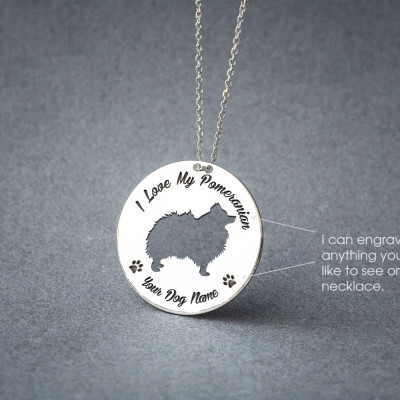 Personalised DISK POMERANIAN Necklace / Circle dog breed Necklace / Pomeranian Dog necklace/ Silver, Gold Plated or Rose Plated.