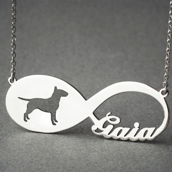 Personalised Dog Memorial Name Necklace with Infinity Bull Terrier Pendant