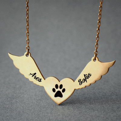Personalised Two Names Engraved Winged Heart Paw Necklace in Silver, Gold, or Rose Plated