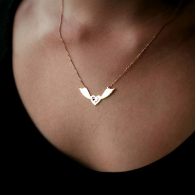 Customisable Winged Paw Heart Name Necklace - Silver, Gold or Rose Plating