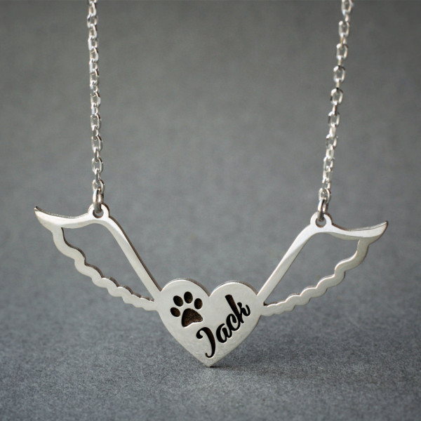 Customisable Winged Paw Heart Name Necklace - Silver, Gold or Rose Plating