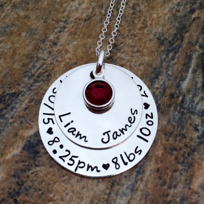 Sterling Silver Custom Mom Pendant Necklace with Baby's Birth Stats - Personalised New Mom Jewellery Gift