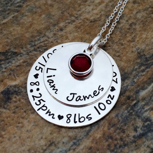Sterling Silver Custom Mom Pendant Necklace with Baby's Birth Stats - Personalised New Mom Jewellery Gift
