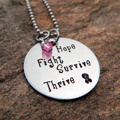 Hand Stamped Hope, Fight, Survive, Thrive Necklace for Breast Cancer Awareness and Chemo Support
