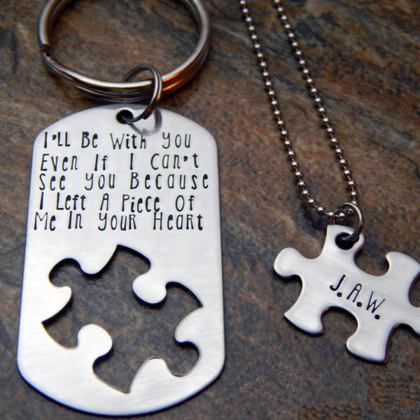 Long Distance Relationship Deployment Gift Set - Puzzle Piece Keychain, Puzzle Necklace - Christmas Gift Ideas for Him