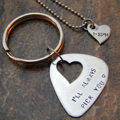 Personalised Hand-Stamped "I'll Always Pick You" Keychain Necklace Set with Date and Heart Cutout