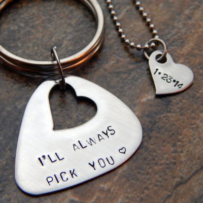Personalised Hand-Stamped "I'll Always Pick You" Keychain Necklace Set with Date and Heart Cutout