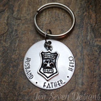 Police Officer Gift Keychain - Husband, Father, Hero - Wife, Mother, Hero - Custom Police Shield