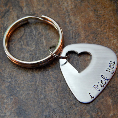 Engraved Guitar Pick Keychain Shaped as Heart - Unique Personalised Anniversary / Wedding / Christmas Gift Idea for Him