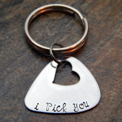 Engraved Guitar Pick Keychain Shaped as Heart - Unique Personalised Anniversary / Wedding / Christmas Gift Idea for Him