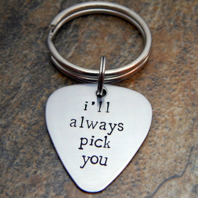 Hand Stamped Guitar Pick Keychain - Perfect Romantic Gift for Boyfriend, Husband, Him on Birthday, Anniversary, Wedding