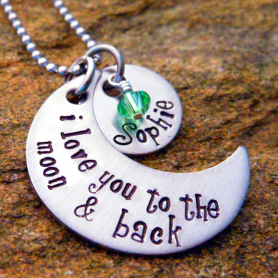 Personalised Mother's Necklace - I Love You to the Moon and Back - Engraved Name - Gift for Mom with Birthstone