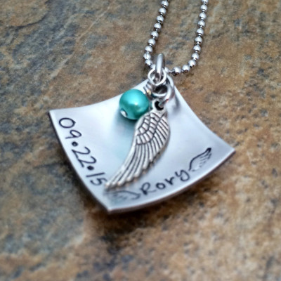 Personalised Angel Wing Birthstone Memorial Hand Stamped Remembrance Necklace