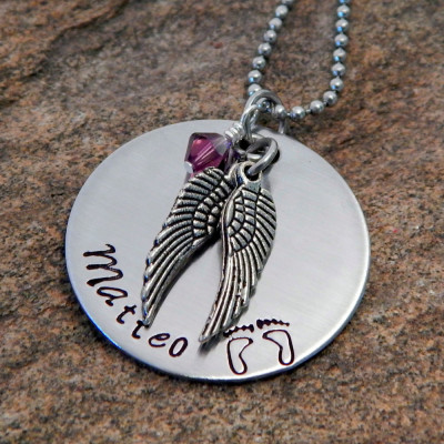 Personalised Angel Wings Memorial Necklace - Hand Stamped Infant or Child Loss Jewellery