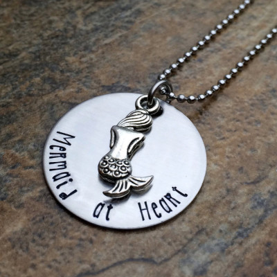 Hand Stamped Mermaid at Heart Necklace - Beach Jewellery Gift for Her Birthday or Christmas