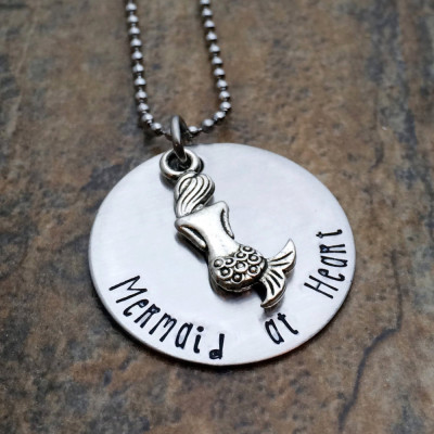 Hand Stamped Mermaid at Heart Necklace - Beach Jewellery Gift for Her Birthday or Christmas