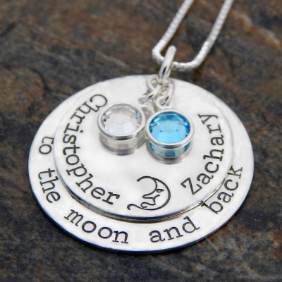 Custom Sterling Silver Mother's Necklace - To The Moon and Back with Kids Birthstones - Christmas Gift for Mom